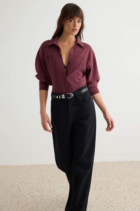TRENDYOLMİLLA Damen Lila Einfarbig Lang Slim Fit Hemden - Image 4