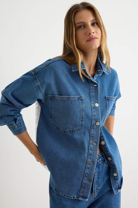 TRENDYOLMİLLA Damen Blau Einfarbig Lang, Oversize Hemden - Image 2