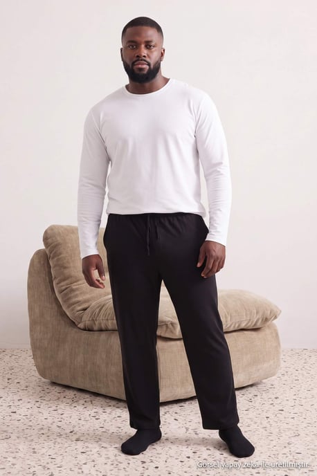 TRENDYOL MAN Herren Schwarz Einfarbig Normale Taille Große Größen Pyjama- Unterteile - Image 3