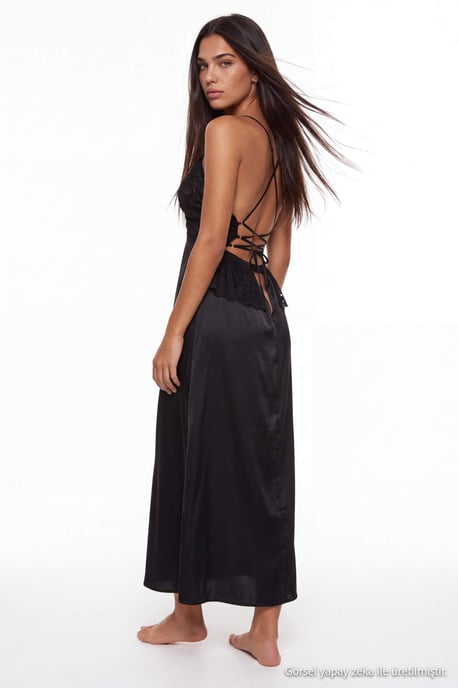 TRENDYOLMİLLA Damen Schwarz Einfarbig Maxi Ärmellos Regular Fit Nachthemden - Image 2