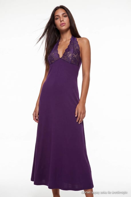 TRENDYOLMİLLA Damen Lila Einfarbig Maxi Ärmellos Regular Fit Nachthemden - Image 6