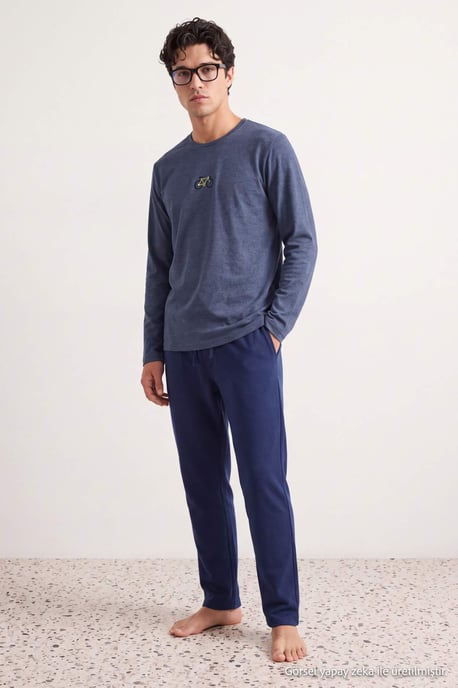TRENDYOL MAN Herren Dunkelblau Mit Slogan Lang, Regular Fit Pyjama- Sets - Image 2