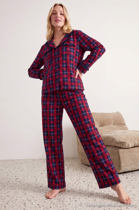 TRENDYOLMİLLA Damen Rot Kariert Lang, Regular Fit Pyjama- Sets - Image 6