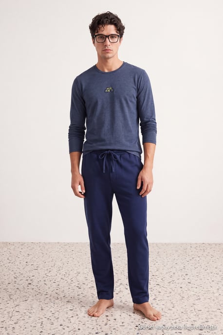 TRENDYOL MAN Herren Dunkelblau Mit Slogan Lang, Regular Fit Pyjama- Sets - Image 3