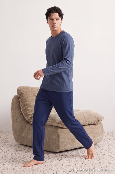 TRENDYOL MAN Herren Dunkelblau Mit Slogan Lang, Regular Fit Pyjama- Sets - Image 6