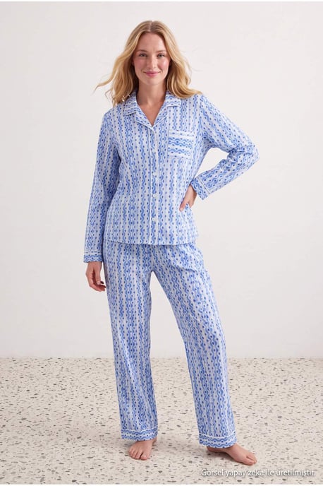 TRENDYOLMİLLA Damen 2er Pack Blau Mit Grafikprint Lang Loungewear Regular Fit Pyjama- Sets - Image 6
