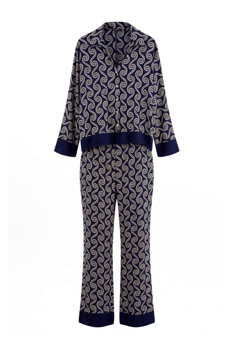 TRENDYOLMİLLA Damen Dunkelblau Geometrisches Muster Lang, Regular Fit Pyjama- Sets - Image 3