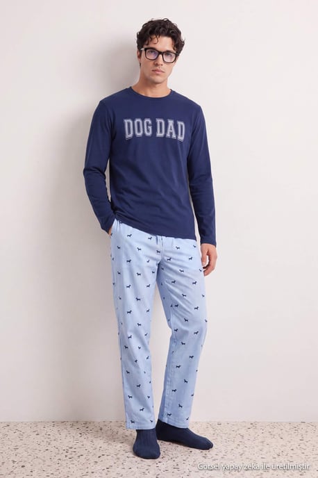 TRENDYOL MAN Herren Dunkelblau Mit Slogan Lang, Regular Fit Pyjama- Sets - Image 1