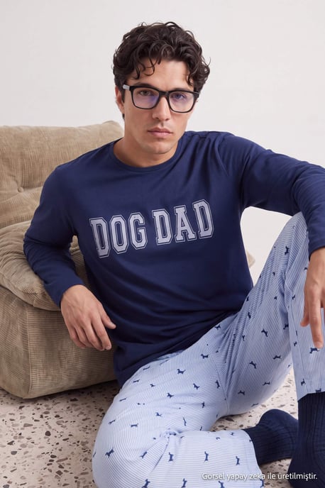 TRENDYOL MAN Herren Dunkelblau Mit Slogan Lang, Regular Fit Pyjama- Sets - Image 2