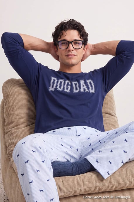 TRENDYOL MAN Herren Dunkelblau Mit Slogan Lang, Regular Fit Pyjama- Sets - Image 3