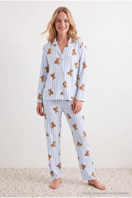 TRENDYOLMİLLA Damen 2er Pack Blau Mit Grafikprint Lang, Regular Fit Pyjama- Sets - Image 2