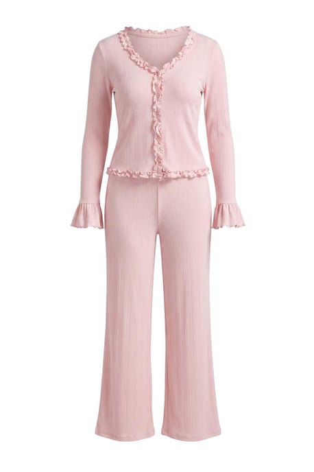 TRENDYOLMİLLA Damen Rosa Einfarbig Lang Loungewear Regular Fit Pyjama- Sets - Image 4
