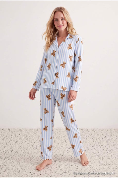TRENDYOLMİLLA Damen 2er Pack Blau Mit Grafikprint Lang, Regular Fit Pyjama- Sets - Image 6