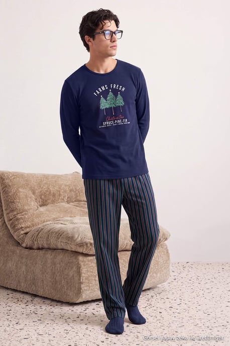 TRENDYOL MAN Herren Dunkelblau Weihnachts- Lang, Regular Fit Pyjama- Sets - Image 2