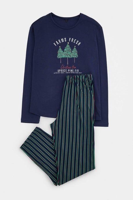TRENDYOL MAN Herren Dunkelblau Weihnachts- Lang, Regular Fit Pyjama- Sets - Image 3