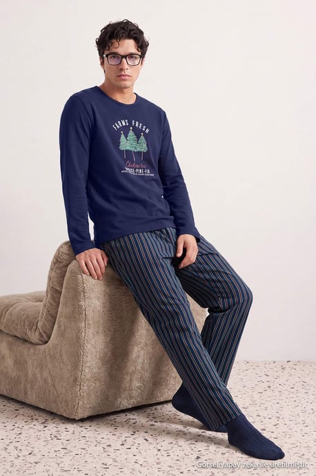 TRENDYOL MAN Herren Dunkelblau Weihnachts- Lang, Regular Fit Pyjama- Sets - Image 6
