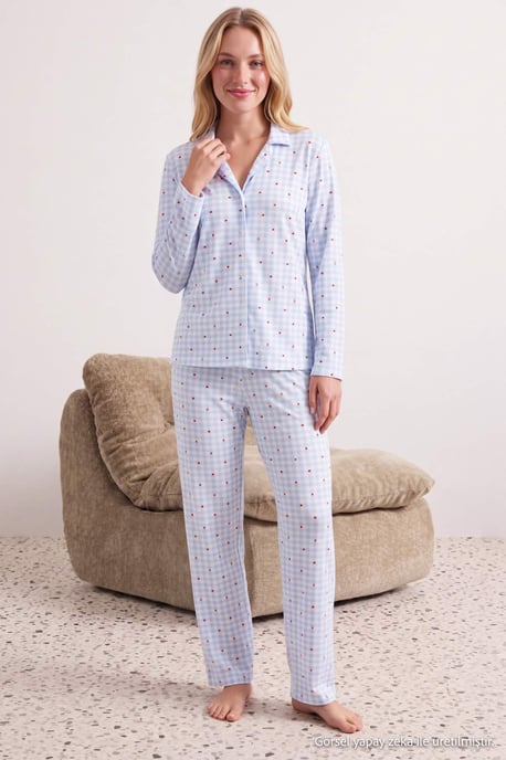 TRENDYOLMİLLA Damen 2er Pack Blau Mit Grafikprint Lang, Regular Fit Pyjama- Sets - Image 1