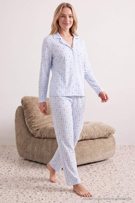 TRENDYOLMİLLA Damen 2er Pack Blau Mit Grafikprint Lang, Regular Fit Pyjama- Sets - Image 6