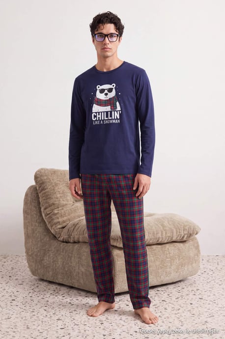 TRENDYOL MAN Herren Dunkelblau Kariert Lang, Regular Fit Pyjama- Sets - Image 1