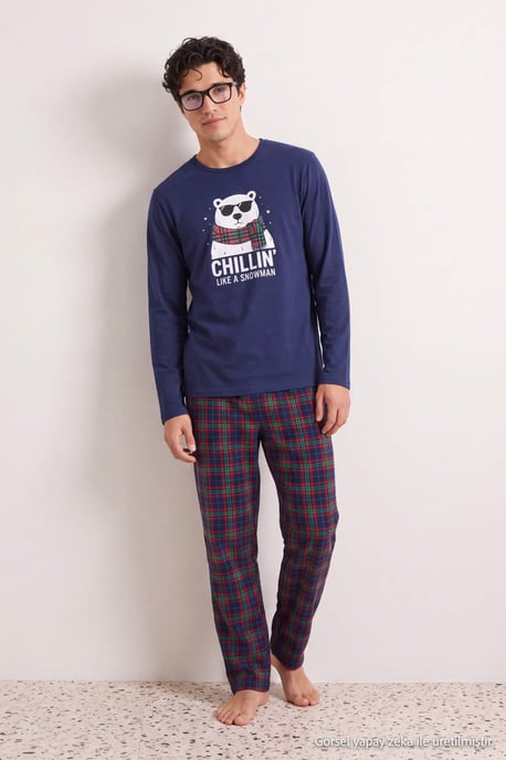TRENDYOL MAN Herren Dunkelblau Kariert Lang, Regular Fit Pyjama- Sets - Image 2