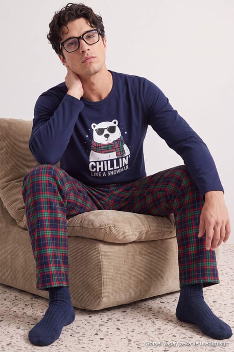 TRENDYOL MAN Herren Dunkelblau Kariert Lang, Regular Fit Pyjama- Sets - Image 3