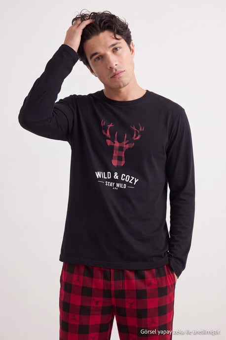TRENDYOL MAN Herren Schwarz Kariert Lang, Regular Fit Pyjama- Sets - Image 1