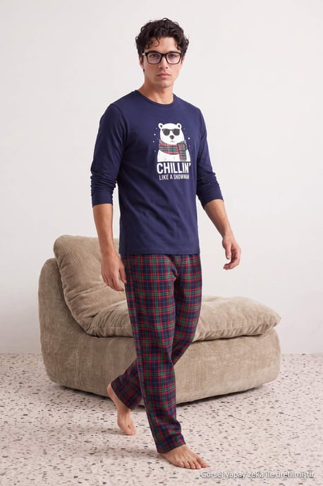 TRENDYOL MAN Herren Dunkelblau Kariert Lang, Regular Fit Pyjama- Sets - Image 6