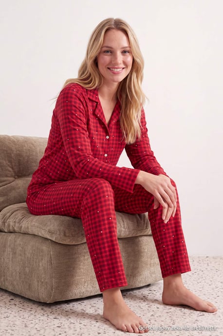 TRENDYOLMİLLA Damen 2er Pack Rot Mit Grafikprint Lang, Regular Fit Pyjama- Sets - Image 2