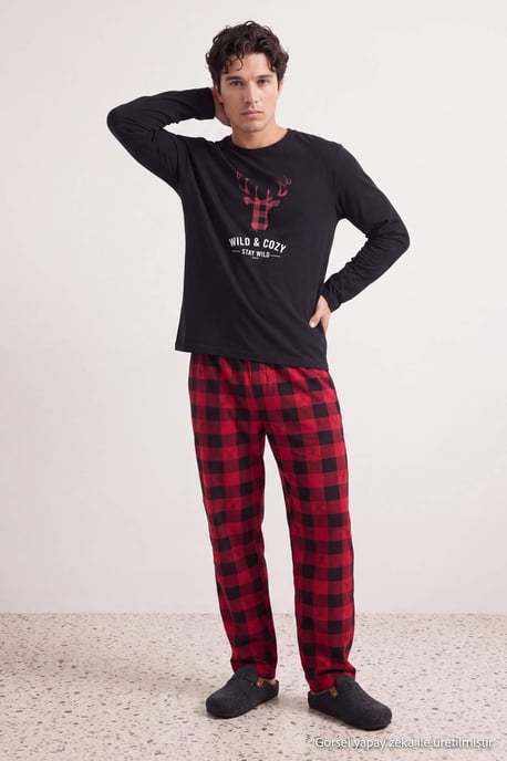TRENDYOL MAN Herren Schwarz Kariert Lang, Regular Fit Pyjama- Sets - Image 6