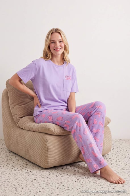 TRENDYOLMİLLA Damen 2er Pack Lila Animal-Print Kurz Loungewear Regular Fit Pyjama- Sets - Image 2