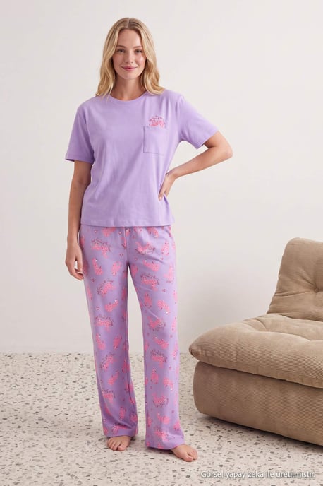 TRENDYOLMİLLA Damen 2er Pack Lila Animal-Print Kurz Loungewear Regular Fit Pyjama- Sets - Image 6
