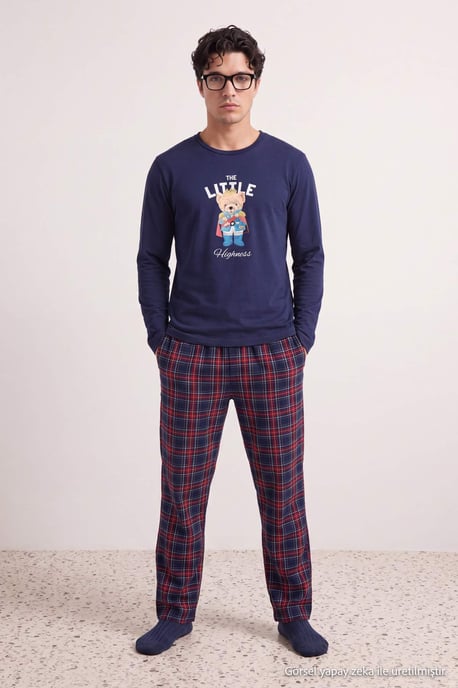 TRENDYOL MAN Herren Dunkelblau Kariert Lang, Regular Fit Pyjama- Sets - Image 2