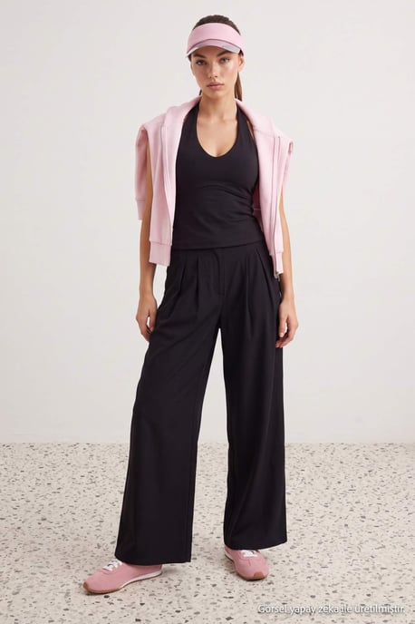 TRENDYOLMİLLA Damen Schwarz Einfarbig Weites Bein Normale Taille Jogginghosen - Image 2