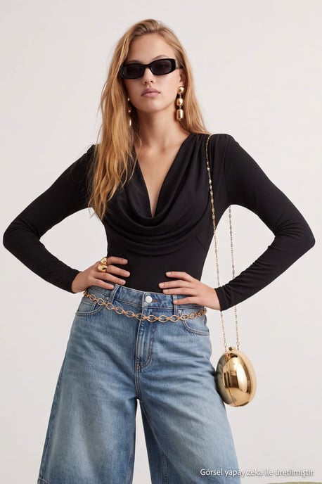 TRENDYOLMİLLA Damen Schwarz Einfarbig Lang, Tailliert Bodys - Image 6