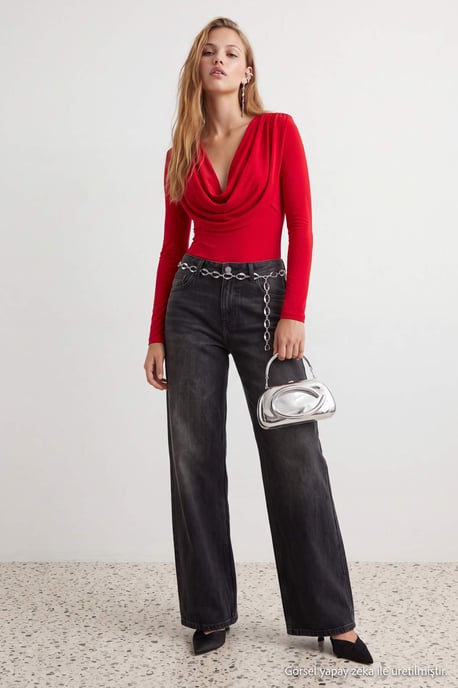 TRENDYOLMİLLA Damen Rot Einfarbig Lang, Tailliert Bodys - Image 6