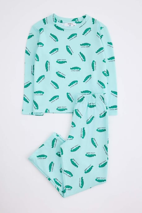TRENDYOLKIDS Jungen Grün Mit Grafikprint Lang, Regular Fit Pyjama- Sets - Image 4