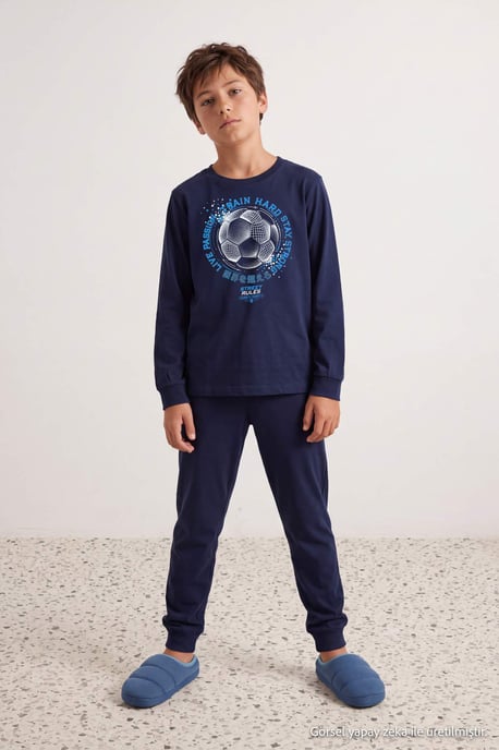 TRENDYOLKIDS Jungen Dunkelblau Mit Grafikprint Lang, Regular Fit Pyjama- Sets - Image 3