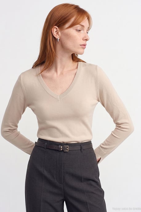 Damen V-Ausschnitt Strickpullover mit seitlichem Schlitz - Image 3