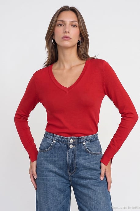 Damen V-Ausschnitt Strickpullover mit seitlichem Schlitz - Image 3