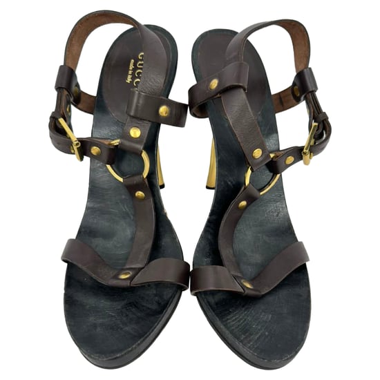 Gucci Kylie T-Strap-Sandalen mit Absatz aus braunem Leder - Image 3