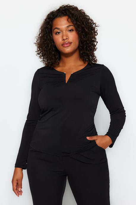 Trendyol Curve Damen Schwarz Einfarbig Lang Tailliert Große Größen Blusen - Image 1