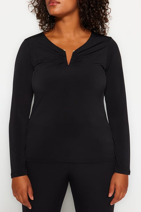 Trendyol Curve Damen Schwarz Einfarbig Lang Tailliert Große Größen Blusen - Image 6