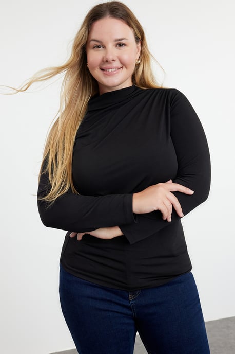 Trendyol Curve Damen Schwarz Einfarbig Lang Tailliert Große Größen Blusen - Image 1