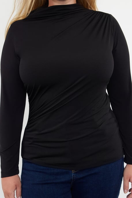 Trendyol Curve Damen Schwarz Einfarbig Lang Tailliert Große Größen Blusen - Image 3