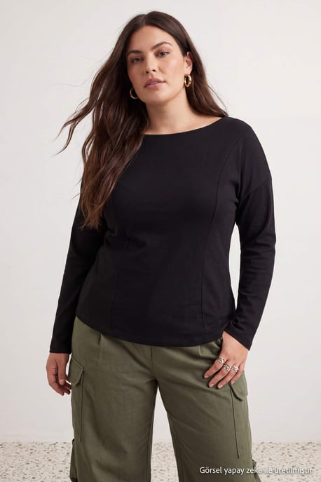 Trendyol Curve Damen Schwarz Einfarbig 3/4-Ärmel Tailliert Große Größen Blusen - Image 1