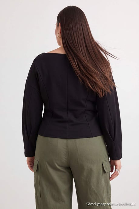 Trendyol Curve Damen Schwarz Einfarbig 3/4-Ärmel Tailliert Große Größen Blusen - Image 3