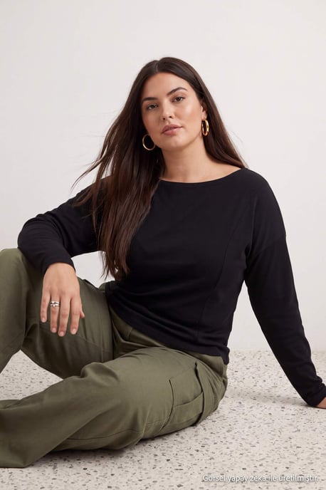 Trendyol Curve Damen Schwarz Einfarbig 3/4-Ärmel Tailliert Große Größen Blusen - Image 6
