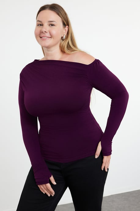 Trendyol Curve Damen Lila Einfarbig Lang Tailliert Große Größen Blusen - Image 1