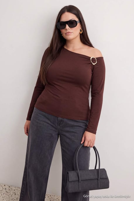 Trendyol Curve Damen Braun Einfarbig Lang Tailliert Große Größen Blusen - Image 1