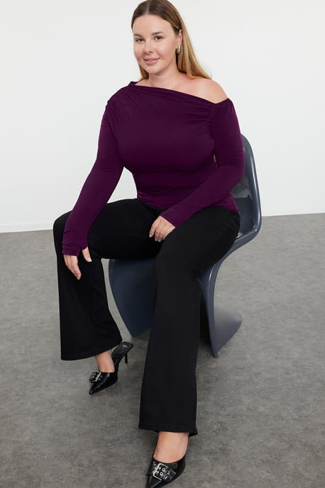 Trendyol Curve Damen Lila Einfarbig Lang Tailliert Große Größen Blusen - Image 6